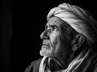 An elderly man in turban gazes upward in a black and white portrait