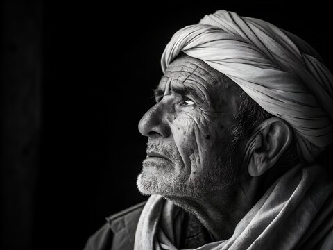 An elderly man in turban gazes upward in a black and white portrait - Powered by Adobe