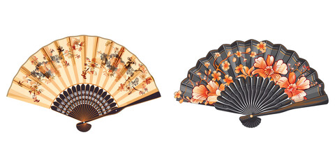 Two decorative chinese fans on transparent background