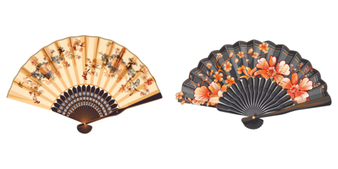 Two decorative chinese fans on transparent background