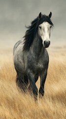 Obraz premium Majestic horse running through golden grassland under overcast sky in the late afternoon