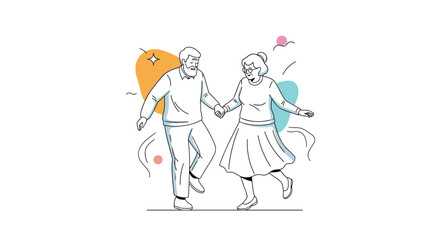 Joyful elderly couple holding hands dancing together celebrating life and happiness in a fun stylized illustration