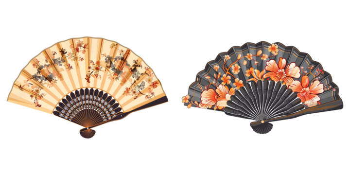 Two decorative chinese fans on transparent background
