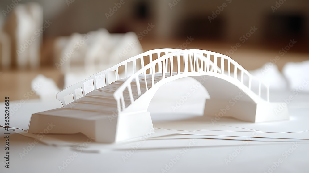 Poster a model of a bridge with a white canopy and trees in the background. the bridge is made of wood and 