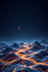 create an abstract landscape in navy blue grid on a dark background, featuring a 3d illustration of a hi tech network with golden tones at the bottom
