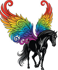 Black horse with wings and rider running in silhouette style vector illustration