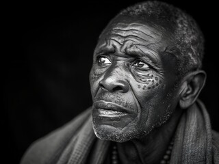 An elderly african man looks up in a black and white portrait