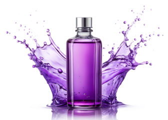 glass bottle with purple violet toilet water and isolated on white background PNG , AI GENERATED