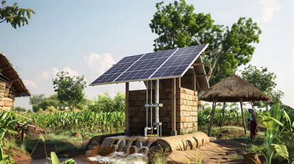 Rural Africa features a solar powered water pump and agricultural landscape in a village setting with local vegetation.