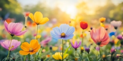 Obraz premium A Beautiful Field of Colorful Wildflowers in Full Bloom Under the Bright Springtime Sunshine Sky