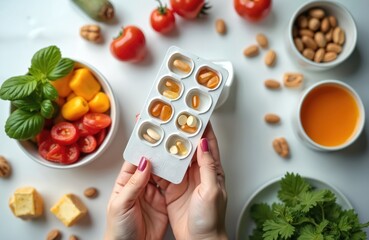 Woman holds pill organizer with nutritional supplements next to fresh food. Balanced diet including fruit vegetables, nuts, pills. Dietary supplements for female health, wellness. Healthy eating,