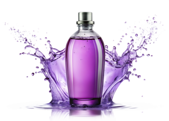  glass bottle with purple violet toilet water and isolated on white background PNG , AI GENERATED