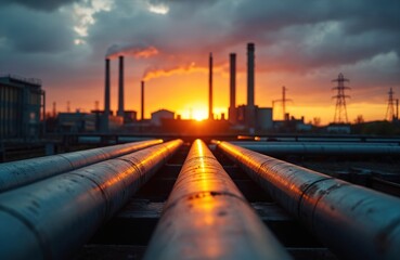Sunset over industrial landscape with pipes, towers. Orange, blue sky colors. Heavy industry background oil refinery, energy production, environmental pollution. Urban scene, power plant silhouettes,
