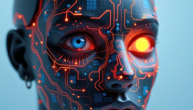 a metaphorical close up of a humanoid ai face constructed from circuit patterns with one glowing eye