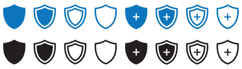 Shield with cross icon set. Shield with health insurance icon set. solid and line icon design. vector illustration. eps file.