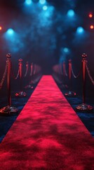 Red carpet entrance illuminated by blue and red lights in a theatrical setting with velvet ropes