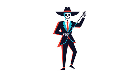 Dancing skeleton in a suit and hat with a retro glitch effect