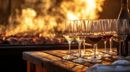 A sizzling BBQ backdrop sets the scene for wine tasting under the setting sun with wooden table