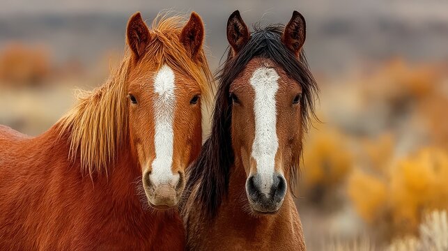 Two beautiful horses standing side by side in a serene natural setting with autumn foliage in the background during golden hour - Powered by Adobe