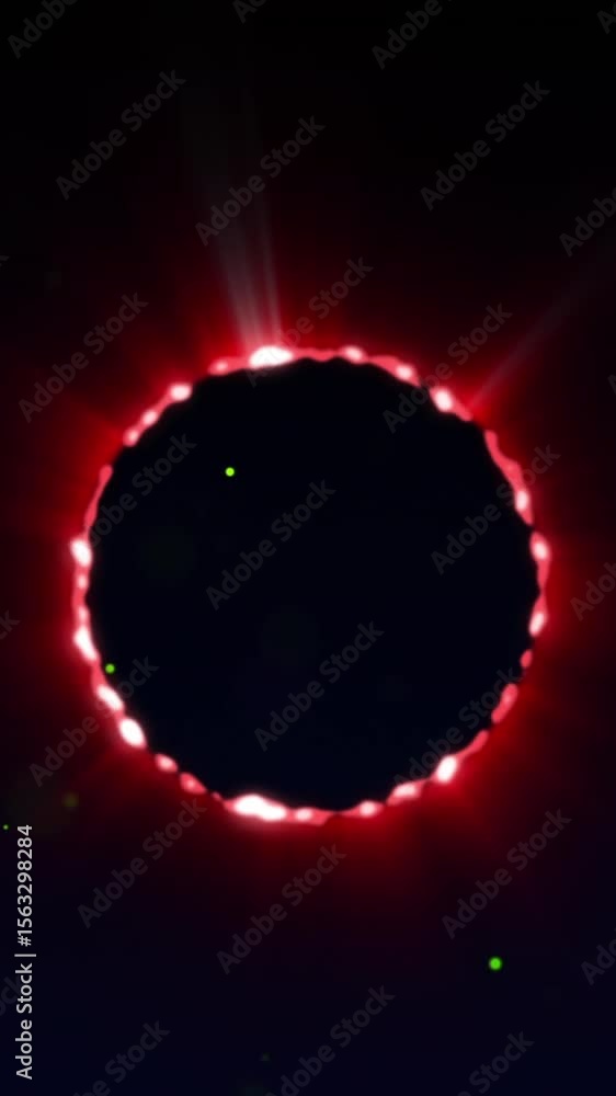 Poster animation of neon circle over black space with dots and waves