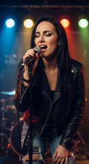 Beautiful alternative rock vocalist young woman with long hair emotionally singing a song