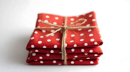 Red Fabric with White Dots Neatly Folded and Tied with Twine, Folded Polka Dot Fabric with Jute Twine Bow on White Table for Creative Gift Wrapping Ideas, perfect for crafts or gift presentations.