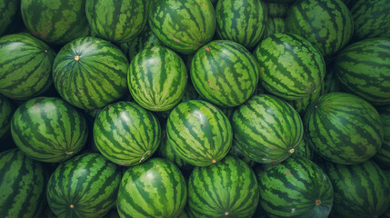 Fototapeta premium A stunning arrangement of fresh watermelons with green stripes creates a vibrant and appealing display, perfect for summer markets or healthy eating themes.