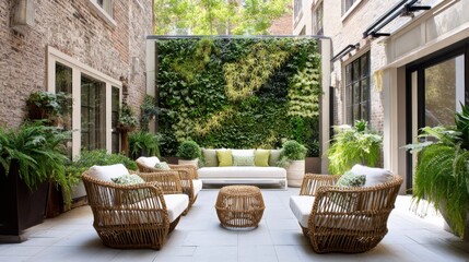 Fototapeta premium courtyard with living green wall, wicker chairs, natural fibers, cozy shaded corner