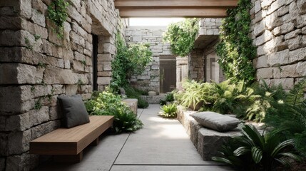 eco courtyard, stone walls, lush green plants, wooden bench, soft natural light