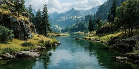 Beautiful river landscape surrounded by mountains and lush greenery under a partly cloudy sky