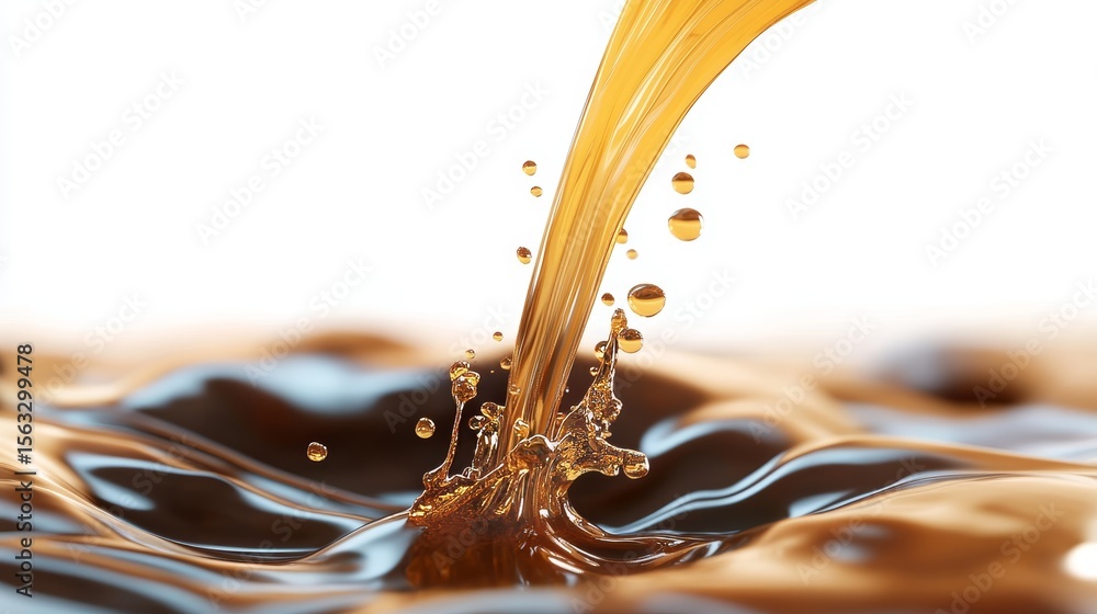 Poster golden coffee liquid stream flowing in macro shot, creating unique abstract shapes and reflections