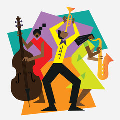 
Jazz Band, dixieland, Contrabass, saxophon, trumpet. 
Funny flat design Illustration of two women jazz musicians and man with trumpet. Isolated on white background. Vector available.	