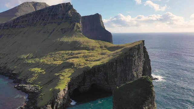 Aerial view of Drangarnir cliffs, Faroe Islands.