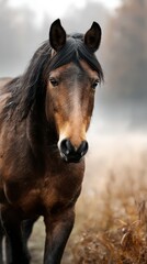 Obraz premium Majestic brown horse walking through a misty field in the early morning light during autumn