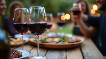 A celebratory wine toast among friends at a summer garden party under soft bokeh lights and rustic