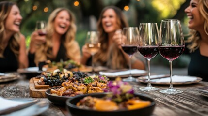 A joyous gathering of women celebrating friendship over wine and delicious food laughing heartily