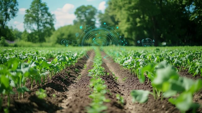 Crop field arranged in permaculture design with tech enhancements 