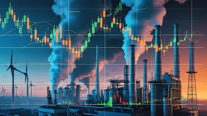 Factory Smokestacks Wind Turbines Graph Lines Smoke Sky Industry Sunset Scene - Powered by Adobe