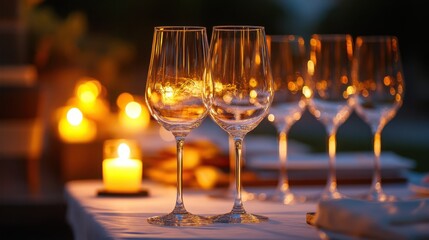 Candlelit romance Sparkling wine glasses set for intimate celebration with warm bokeh and soft