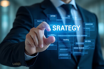 A businessman in a suit points at a futuristic, glowing blue interface displaying business concepts and the word 'SRATEGY'.
