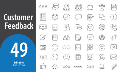 Customer Feedback Line Icons, Review, Rating, Survey, Comments, Satisfaction Meter, Editable Formats: AI, EPS, JPG, PNG, Ideal for Both Digital and Print Use

