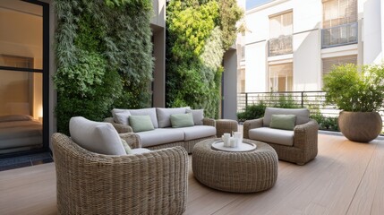 Fototapeta premium modern eco terrace, living green wall, wicker furniture, soft cushions, warm ambient light