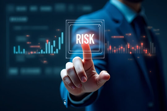 A businessman touches a 'RISK' button on a virtual screen, visualizing financial analysis and risk management