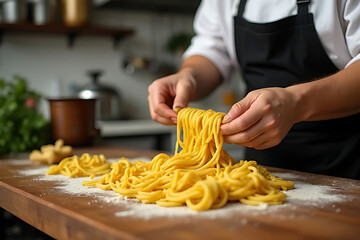 A chef's hands carefully prepare fresh, homemade pasta on a floured wooden board in a kitchen.