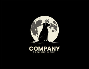 Mystical dog silhouette howling at night moon in fantasy vector logo illustration style