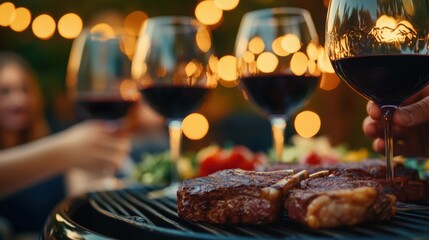Celebrating summer nights with grilled steak and red wine at a cozy outdoor gathering with string