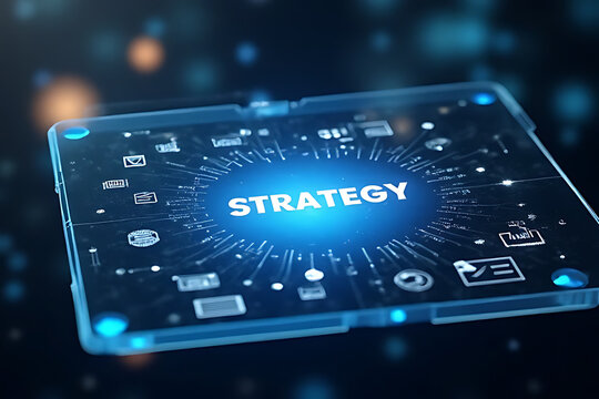 A futuristic interface displays 'STRATEGY' as a central hub connected to various business and technology icons.