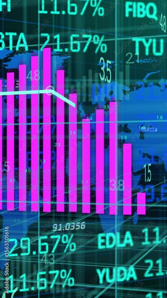 Poster animation of pink and blue graphs with world map and processing data over grid on black background