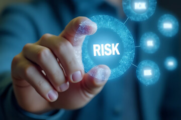 A hand interacts with a futuristic digital interface, highlighting a 'RISK' button within a management system network.