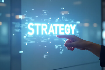 A hand points at the glowing word 'STRATEGY' on a futuristic digital display, conceptualizing business and technology.